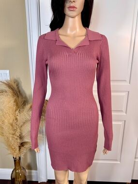 RIBBED LONG SLEEVE COLLARED MINI DRESS - ROSE PINK
